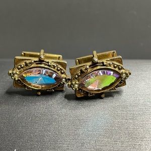 Vintage Scalloped Iris Glass Men’s Tara Cuff Links Gold Tone Pat Pend